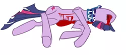 Size: 1532x676 | Tagged: artist needed, grimdark, artist:kopaleo, derpibooru import, twilight sparkle, pony, unicorn, /mlp/, 4chan cup, 4chan cup scarf, abuse, bleeding, blood, clothes, corpse, cut, death, female, mare, open mouth, scarf, simple background, solo, tongue out, trace, twilybuse, unicorn twilight, white background