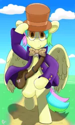 Size: 3750x6250 | Tagged: safe, artist:flavorful_sweets, derpibooru import, oc, oc:flavorful sweets, pegasus, pony, hat, solo, willy wonka outfit