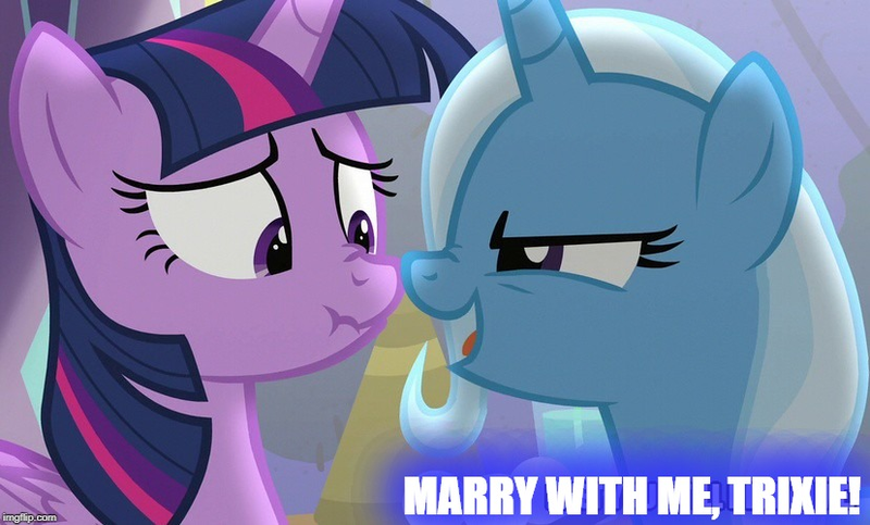 Size: 828x500 | Tagged: safe, derpibooru import, edit, edited screencap, screencap, trixie, twilight sparkle, twilight sparkle (alicorn), alicorn, no second prances, caption, engrish, female, image macro, lesbian, meme, shipping, text, trixie yells at everything, twixie