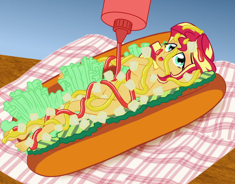 Size: 2560x2000 | Tagged: questionable, artist:cybersquirrel, derpibooru import, sunset shimmer, equestria girls, areola, armpits, barefoot, breasts, eyeshadow, feet, female, fetish, food, food fetish, hot dog, hot dog bun, ketchup, lettuce, looking at you, lying down, makeup, meat, micro, mustard, napkin, nipples, nudity, on back, onion, open mouth, pickle, sauce, sausage, solo