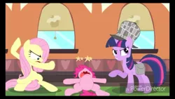 Size: 1240x698 | Tagged: safe, derpibooru import, fluttershy, pinkie pie, twilight sparkle, earth pony, pegasus, pony, unicorn, mmmystery on the friendship express, abuse, action pose, angry, badass, circling stars, dizzy, female, flutterbadass, knocked out, missing teeth, on back, parody, pinkiebuse, scene parody, the naked gun, tongue out, unconscious, unicorn twilight