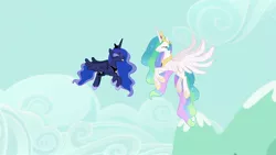 Size: 1920x1080 | Tagged: safe, derpibooru import, screencap, princess celestia, princess luna, alicorn, pony, between dark and dawn, chestplate, crown, cute, cutelestia, duo, ethereal mane, ethereal tail, eyes closed, eyeshadow, female, flowing mane, flowing tail, flying, grin, hoof shoes, jewelry, lunabetes, makeup, mare, multicolored mane, multicolored tail, peytral, regalia, royal sisters, siblings, sisters, smiling, spread wings, wings