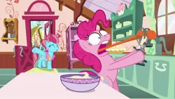 Size: 1920x1080 | Tagged: safe, derpibooru import, screencap, cup cake, pinkie pie, earth pony, pony, between dark and dawn, duo, faic, female, kitchen, long tongue, mare, ouch, pain, stuck, sugarcube corner, tongue out, whisk
