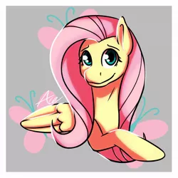 Size: 1024x1024 | Tagged: safe, artist:acelinjack, derpibooru import, fluttershy, pegasus, pony, bust, cutie mark background, female, folded wings, looking at you, mare, portrait, smiling, solo, three quarter view, wings