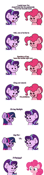 Size: 1920x7560 | Tagged: safe, artist:ljdamz1119, derpibooru import, pinkie pie, starlight glimmer, twilight sparkle, twilight sparkle (alicorn), alicorn, earth pony, pony, unicorn, comic, dialogue, female, mare, pinkie being pinkie, style change