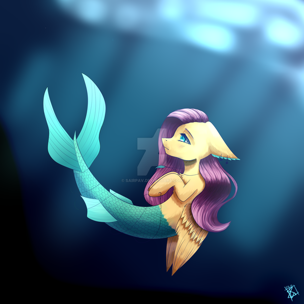 Size: 1600x1600 | Tagged: artist:sairpav, chest fluff, crepuscular rays, derpibooru import, deviantart watermark, fin, fishing hook, floppy ears, fluttershy, hook, jewelry, lidded eyes, merpony, necklace, obtrusive watermark, profile, safe, seaponified, seapony fluttershy, seapony (g4), solo, species swap, underwater, watermark, wings