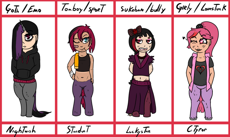 Size: 1826x1089 | Tagged: artist:lazerblues, bat with nails, belly button, clothes, derpibooru import, emo, goth, midriff, oc, oc:citypop, oc:luckystar, oc:nightwish, oc:stardust, offspring, offspring's offspring, parent:oc:bella, parent:oc:strawberry soda, safe, satyr, sukeban, tomboy, towel, vest