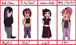 Size: 1826x1089 | Tagged: artist:lazerblues, bat with nails, belly button, clothes, derpibooru import, emo, goth, midriff, oc, oc:citypop, oc:luckystar, oc:nightwish, oc:stardust, offspring, offspring's offspring, parent:oc:bella, parent:oc:strawberry soda, safe, satyr, sukeban, tomboy, towel, vest