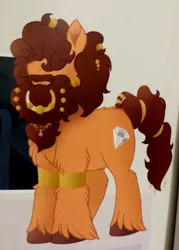 Size: 1289x1800 | Tagged: safe, derpibooru import, chief stouthoof, earth pony, pony, filly sized follies, tails of equestria, beard, bracer, facial hair, fluffy, hair over face, jewelry, male, moustache, npc, rpg, solo, stallion, tail wrap, unshorn fetlocks