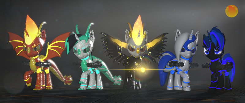 Size: 3840x1620 | Tagged: safe, artist:phoenixtm, derpibooru import, oc, oc:archie cloud, oc:delta firedash, oc:jinx ardor, oc:zyra, alicorn, bat pony, bat pony alicorn, dracony, dragon, hybrid, pony, robot, robot pony, 3d, alicorn oc, armor, bat pony oc, bat wings, dracony alicorn, god of fire, group, horn, lens flare, looking at you, minigun, source filmmaker, spread wings, weapon, wings