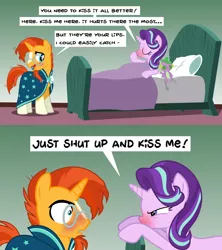 Size: 1920x2160 | Tagged: safe, artist:wissle, derpibooru import, spike, starlight glimmer, sunburst, pony, unicorn, hearthbreakers, bed, blushing, cold, comic, doll, female, hearth's warming doll, implied sparlight, kiss it better, male, mare, narrowed eyes, plushie, red nosed, shipping, sick, stallion, starburst, straight, toy, vector used, youtube link