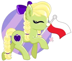 Size: 1720x1444 | Tagged: safe, artist:pokeponyeq, derpibooru import, oc, oc:apple pattern, earth pony, pony, bow, braid, braided tail, female, flag, hair bow, mare, mouth hold, offspring, parent:applejack, parent:trenderhoof, parents:trenderjack, poland, simple background, solo, transparent background