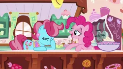 Size: 1920x1080 | Tagged: safe, derpibooru import, screencap, cup cake, pinkie pie, earth pony, pony, between dark and dawn, baking, bowl, cutie mark, ear piercing, employee, eyes closed, facehoof, female, frown, frustrated, kitchen, lidded eyes, mare, piercing, smiling, talking
