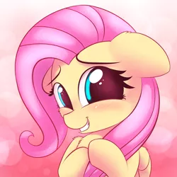 Size: 2300x2300 | Tagged: safe, artist:heavymetalbronyyeah, derpibooru import, fluttershy, pegasus, pony, abstract background, blushing, bust, cheek fluff, cute, ear fluff, female, floppy ears, folded wings, hair grab, high res, hooves together, looking at you, mare, portrait, shy, shyabetes, smiling, solo, wing fluff, wings