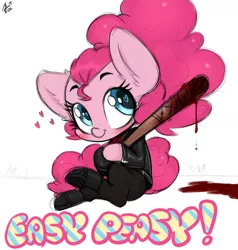 Size: 2000x2100 | Tagged: semi-grimdark, artist:aer0 zer0, derpibooru import, pinkie pie, pony, alternate hairstyle, baseball bat, blood, clothes, cosplay, costume, cute, diapinkes, ear fluff, grimcute, heart eyes, negan, ponytail, solo, the walking dead, wingding eyes