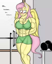 Size: 1314x1607 | Tagged: safe, artist:calm wind, artist:matchstickman, derpibooru import, edit, fluttershy, anthro, bat pony, 1000 years in photoshop, abs, adorasexy, barbell, biceps, blushing, breasts, busty fluttershy, cleavage, clothes, cute, deltoids, dialogue, dumbbell (object), female, flutterbat, gym, hand behind back, midriff, muscles, muscleshy, muscular female, pecs, race swap, sexy, shorts, shy, solo, sports bra, sports shorts, workout outfit