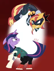 Size: 750x996 | Tagged: safe, artist:gracefulart693, derpibooru import, sunset shimmer, twilight sparkle, pony, angry, bakugo katsuki, deku's hero costume, izuku midoriya, katsuki bakugou, looking at each other, mask, my hero academia