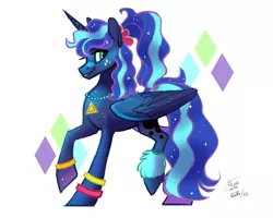 Size: 2500x2000 | Tagged: safe, artist:eeviart, derpibooru import, princess luna, alicorn, pony, between dark and dawn, 80s, 80s princess luna, abstract background, alternate hairstyle, cute, female, jewelry, lunabetes, mare, necklace, ponytail, profile, simple background, smiling, solo, white background