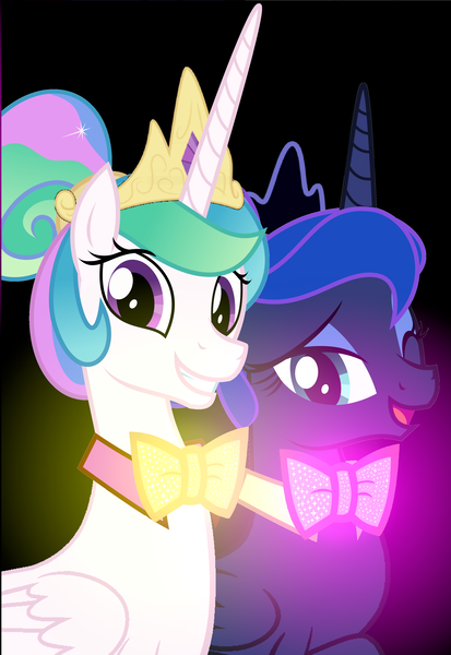 Size: 2872x4168 | Tagged: safe, artist:disneymarvel96, derpibooru import, edit, vector edit, princess celestia, princess luna, pony, bowtie, cute, cutelestia, fluorescent, glow, lightup, lunabetes, vector