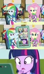 Size: 1280x2142 | Tagged: safe, derpibooru import, edit, edited screencap, screencap, fluttershy, rainbow dash, spike, twilight sparkle, dog, equestria girls, rainbow rocks, meme, rainbow dash phone meme, recursion, spike the dog, wat