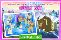 Size: 1038x687 | Tagged: safe, derpibooru import, official, bonna fide, cinnabar, fair trade, glamour gleam, golden hooves, honeysparkle, mustafa combe, quicksilver, sunburst, crystal pony, pony, unicorn, yak, advertisement, background yak, braid, cape, clothes, cloven hooves, collection, crystal empire, crystallized, facial hair, female, gameloft, male, mare, moustache, nose piercing, nose ring, piercing, stallion, uniform