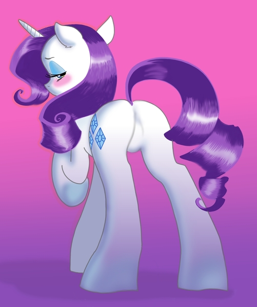 Size: 1490x1785 | Tagged: safe, artist:wickedwind, derpibooru import, rarity, pony, unicorn, blushing, butt, featureless crotch, female, gradient background, lidded eyes, looking at you, looking back, looking back at you, mare, plot, purple background, rear view, rearity, simple background, solo