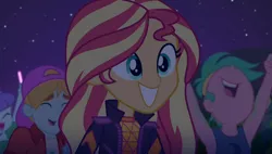 Size: 1908x1080 | Tagged: safe, derpibooru import, screencap, aqua blossom, fry lilac, lemon zack, sunset shimmer, equestria girls, equestria girls series, the last drop, spoiler:choose your own ending (season 2), spoiler:eqg series (season 2), background human, cute, female, glowstick, happy, male, night, night sky, nose in the air, outdoors, shimmerbetes, sky, smiling
