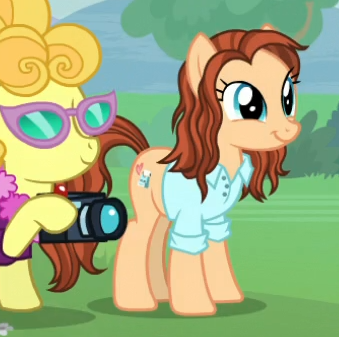 Size: 339x337 | Tagged: safe, derpibooru import, screencap, lemon chiffon, unnamed character, unnamed pony, earth pony, pony, between dark and dawn, background pony, button-up shirt, camera, cropped, female, glasses, mare, nicole dubuc