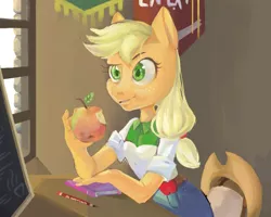 Size: 1000x800 | Tagged: safe, artist:dogs4life123, derpibooru import, applejack, anthro, apple, equestria girls outfit, food, no more ponies at source, solo