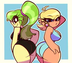 Size: 3490x3090 | Tagged: suggestive, artist:nelljoestar, derpibooru import, chickadee, ms. harshwhinny, ms. peachbottom, equestria girls, ass, breasts, butt, chickenbutt, clothes, cute, disproportional anatomy, equestria girls-ified, female, image, jpeg, large butt, ms. cutewhinny, ms. harshbooty, smiling, swimsuit
