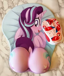 Size: 943x1119 | Tagged: suggestive, artist:pearlyiridescence, derpibooru import, starlight glimmer, pony, unicorn, adorasexy, blushing, both cutie marks, butt, computer mouse, cute, dock, female, glimmer glutes, irl, looking back, mare, mousepad, mousepad for the fearless, open mouth, oppai mousepad, photo, plot, sexy, smiling, solo, solo female, the ass was fat