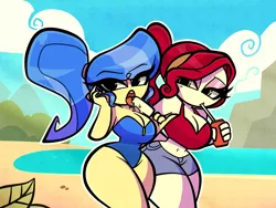 Size: 4120x3090 | Tagged: suggestive, artist:nelljoestar, derpibooru import, cherry jubilee, sapphire shores, equestria girls, beach, breasts, busty cherry jubilee, busty sapphire shores, clothes, disproportional anatomy, equestria girls-ified, food, popsicle, swimsuit, wasp waist