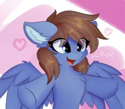 Size: 1000x875 | Tagged: safe, artist:lunar froxy, derpibooru import, oc, oc:blue violet, unofficial characters only, pegasus, pony, abstract background, chest fluff, ear fluff, eye clipping through hair, female, fluffy, happy, mare, simple background, smiling, wing fluff