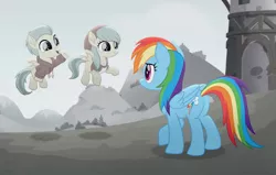 Size: 960x612 | Tagged: safe, derpibooru import, screencap, barley barrel, pickle barrel, rainbow dash, pegasus, pony, rainbow roadtrip, barrel twins, brother and sister, butt, clothes, desaturated, female, filly, flying, foal, hope hollow, male, mare, plot, siblings, sweater, twins