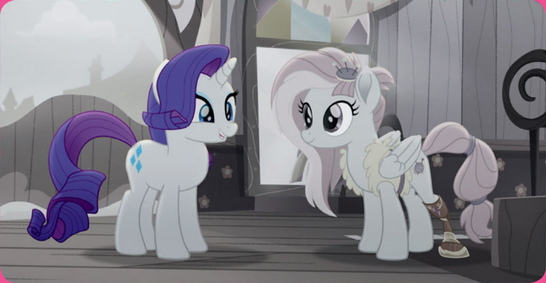 Size: 765x396 | Tagged: safe, derpibooru import, screencap, kerfuffle, rarity, pegasus, pony, unicorn, rainbow roadtrip, amputee, clothes, cute, desaturated, duo, female, fufflebetes, hope hollow, mare, prosthetic leg, prosthetic limb, prosthetics