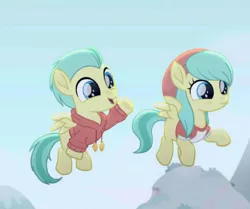 Size: 450x377 | Tagged: safe, derpibooru import, edit, edited screencap, screencap, barley barrel, pickle barrel, pegasus, pony, rainbow roadtrip, barrel twins, beanie, brother and sister, clothes, colt, cropped, female, filly, hat, hoodie, male, shirt, siblings, twins