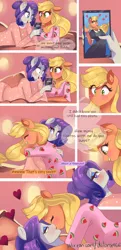 Size: 1500x3096 | Tagged: safe, artist:xjenn9, derpibooru import, applejack, rarity, anthro, earth pony, unicorn, comic:best friends, adorasexy, blushing, clothes, cute, daaaaaaaaaaaw, dialogue, female, hair bun, jackabetes, kissing, lesbian, missing horn, mobile phone, phone, phone screen, raribetes, rarijack, sexy, shipping, smartphone