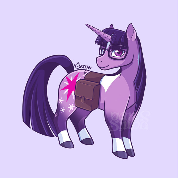 Size: 787x787 | Tagged: safe, artist:geminineart, derpibooru import, part of a set, twilight sparkle, pony, unicorn, spoiler:g5, alternate cutie mark, bag, coat markings, cutie mark, female, g5, glasses, looking at you, mare, redesign, saddle bag, simple background, smiling, socks (coat marking), solo, star (coat marking), twilight sparkle (g5), unicorn twilight, watermark