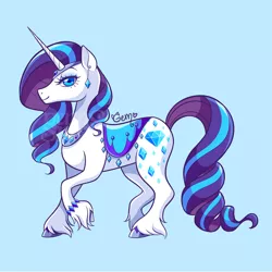 Size: 787x787 | Tagged: safe, artist:geminineart, derpibooru import, part of a set, rarity, pony, unicorn, spoiler:g5, alternate cutie mark, bracelet, cutie mark, ear piercing, earring, female, g5, jewelry, lidded eyes, looking at you, mare, peytral, piercing, raised hoof, rarity (g5), redesign, regalia, saddle blanket, smiling, solo, two toned mane, unshorn fetlocks, watermark