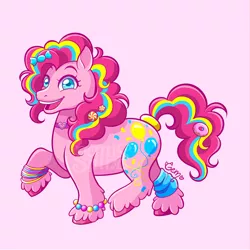 Size: 787x787 | Tagged: safe, artist:geminineart, derpibooru import, part of a set, pinkie pie, earth pony, pony, spoiler:g5, alternate cutie mark, bangles, bracelet, candy, choker, cutie mark, female, food, g5, hair accessory, jewelry, leg warmers, looking at you, mare, open mouth, pink background, pinkie pie (g5), raised hoof, redesign, simple background, smiling, solo, tail wrap, unshorn fetlocks, watermark