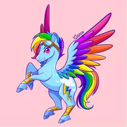 Size: 787x787 | Tagged: safe, artist:geminineart, derpibooru import, part of a set, rainbow dash, pegasus, pony, spoiler:g5, alternate cutie mark, bracer, colored wings, cutie mark, female, g5, goggles, grin, looking at you, mare, rainbow dash (g5), rearing, redesign, simple background, smiling, solo, spread wings, unshorn fetlocks, watermark, wings