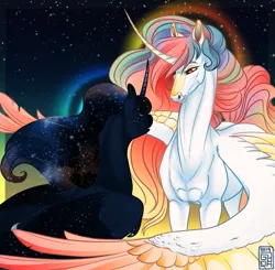Size: 889x871 | Tagged: safe, artist:catlovergirl, artist:rubenite, derpibooru import, edit, princess celestia, princess luna, alicorn, pony, coat markings, colored wings, cropped, curved horn, duo, ethereal mane, female, freckles, galaxy mane, halo, hoers, horn, long horn, looking at each other, mare, missing accessory, realistic anatomy, redraw, royal sisters, siblings, sisters, space, spread wings, star freckles, starry wings, stars, wings