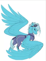 Size: 768x1024 | Tagged: safe, artist:catlovergirl, artist:rubenite, derpibooru import, oc, oc:angel, unofficial characters only, pegasus, pony, alternate timeline, clothes, crystal war timeline, dock, female, floppy ears, goggles, large wings, lidded eyes, looking at you, mare, one wing out, scar, simple background, solo, tail wrap, uniform, white background, wings