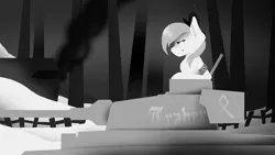 Size: 1920x1080 | Tagged: safe, artist:tiviyl scratch, derpibooru import, oc, oc:aryanne, unofficial characters only, earth pony, pony, armband, aryan, aryan pony, black and white, blonde, fog, forest, german, grayscale, hat, monochrome, nazi, nazipone, panzer iv, pillbox, smoke, snow, soldier, tank (vehicle), tree, war, world war ii