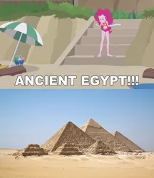 Size: 1617x1872 | Tagged: safe, derpibooru import, edit, edited screencap, editor:sonic ranger, screencap, pinkie pie, equestria girls, equestria girls series, too hot to handle, ancient egypt, atop the fourth wall, barefoot, clothes, feet, fist shaking, fist up, linkara, one-piece swimsuit, pyramid, swimsuit