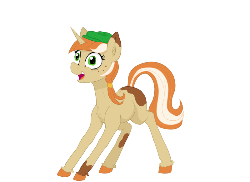 Size: 7014x5100 | Tagged: safe, artist:paskanaakka, derpibooru import, part of a set, oc, oc:paige turner, unofficial characters only, pony, unicorn, coat markings, commission, digital art, excited, female, flat cap, freckles, happy, hat, horn, mare, missing cutie mark, newsboy hat, open mouth, ponytail, simple background, smiling, solo, splotches, standing, transparent background