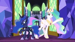 Size: 1576x888 | Tagged: safe, derpibooru import, screencap, princess celestia, princess luna, alicorn, pony, between dark and dawn, crown, dramatic, dramatic entrance, dramatic pose, duo, ethereal mane, ethereal tail, eyeshadow, female, flowing mane, flowing tail, folded wings, hoof shoes, jewelry, lidded eyes, makeup, mare, multicolored mane, multicolored tail, raised eyebrow, raised hoof, regalia, royal sisters, show off, siblings, sisters, smiling, smirk, smuglestia, smugluna, twilight's castle, wings