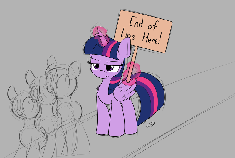 Size: 3496x2362 | Tagged: safe, artist:taurson, derpibooru import, twilight sparkle, twilight sparkle (alicorn), alicorn, pony, female, line, mare, newbie artist training grounds, sign, twilight is not amused, unamused, waiting