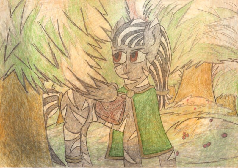 Size: 2315x1639 | Tagged: artist:infinita est lux solis, commission, derpibooru import, enhanced traditional art, forest, oc, oc:kujivunia, pegazebra, safe, sunset, zebra, zebrasus