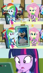 Size: 1280x2142 | Tagged: safe, derpibooru import, edit, edited screencap, screencap, aqua blossom, drama letter, fluttershy, rainbow dash, spike, twilight sparkle, watermelody, dog, equestria girls, rainbow rocks, rainbow dash phone meme, sonic movie 2020, sonic the hedgehog, sonic the hedgehog (series), spike the dog